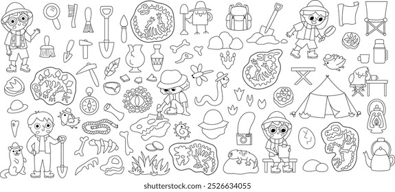 Vector black and white paleontologist set. Prehistoric animal scientist icons collection. Dino researcher line illustration with fossil, bone, tool, brush, camping tent. Archaeologists coloring page