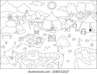 Vector black and white paleontologists landscape illustration. Dinosaurs fossils and bones picture, coloring page. Empty scene with prehistoric animal dig. Dino archaeologists camp scenery
