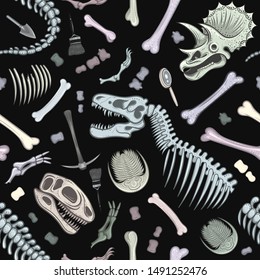 Vector Black and White Paleontology Seamless Pattern