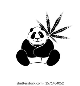 Vector black and white Panda with cannabis leaf. Happy Panda sits and holds a sprig of hemp in his paws.