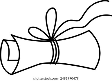 Vector black and white papyrus scroll tied with string. Ancient parchment paper roll with rope. Old cartoon pirate map icon. Egyptian manuscript line illustration or coloring page
