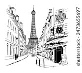 Vector black and white of Paris street with street cafe and Eiffel Tower, Paris, France
