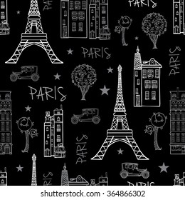 Vector Black White Paris Streets Travel Seamless Pattern with Eifel Tower, houses, trees and vintage cars.