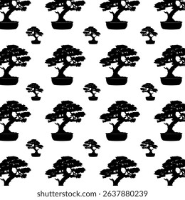 Vector black and white pattern of bonsai trees