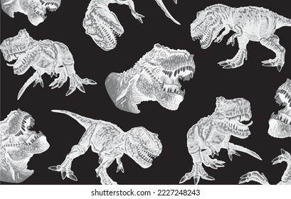 Vector black and white pattern with dinosaurs, stylish tyrannosaurus cover for fabric, postcards, wallpapers,graphical vector illustration. Animals background design	