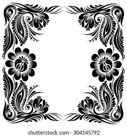 vector Black and white pattern with flowers, an ethnic Ukrainian ornament, Decorative frame corner