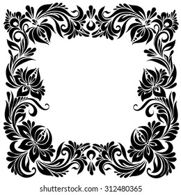 vector black and white pattern with flowers, an ethnic Ukrainian ornament, 
decorative square frame for design