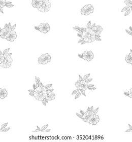 Vector Black And White Pattern of Flowers and leaves. Floral Seamless Outline Monochrome Ornament.