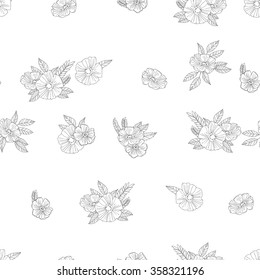 Vector Black And White Pattern of Flowers and leaves. Floral Seamless Outline Monochrome Ornament. 