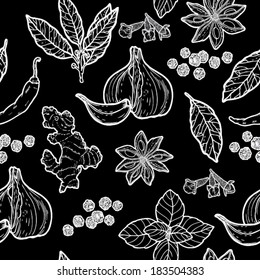 Vector black and white pattern with organic plants, herbs, spices and vegetables.