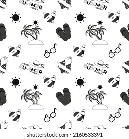 Vector black and white pattern with palm trees, glasses, bikini and sun in flat style.