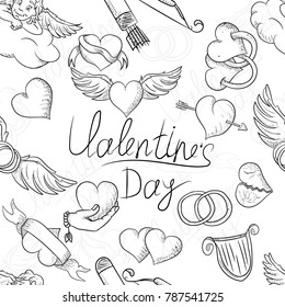 vector black and white pattern sketch illustration of the symbols of the holiday Valentines day