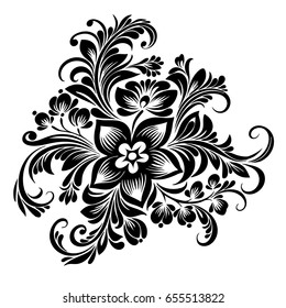 Vector black and white pattern of stylized flowers in folk style for design, decorative floral ornament in ethno style