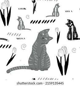 Vector black and white pattern with tulips and cats.