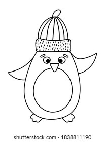 Pingüino blanco y negro vectorial en el sombrero. Cuidada ilustración de aves de invierno. Gracioso diseño de tarjetas de Navidad. Icono de línea de Año Nuevo con carácter sonriente
