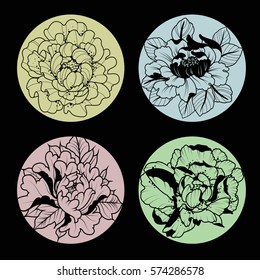 Vector Black and White Peonies Set Traditional Tattoo Design Valentine's Day Sketch Stickers 