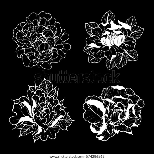 Vector Black White Peonies Set Traditional Stock Vector