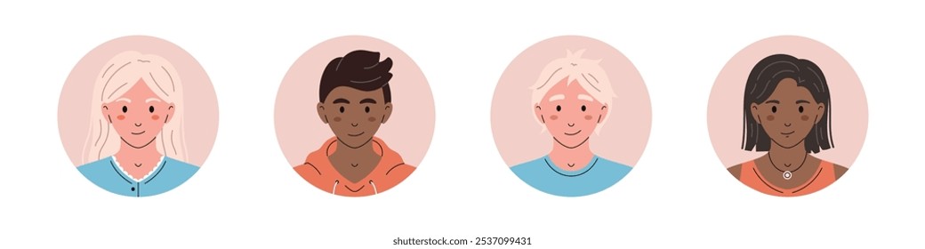 Vector black and white people avatars in circles. Teenager characters head portraits. Round icons with different students in flat design. Cute smiling girls and boys with dark and light skin.
