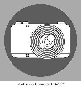 Vector black and white photo camera. Front flat view. Isolated on grey background
