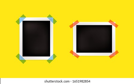 Vector Black and White Photo Frames Set, Blank Template, Bright Yellow Backrgound and Colorful Adhesive Tape.