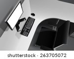 Vector black and white photorealistic illustration. Top side view of modern office with reflective white desk, computer with empty white screen and black chair