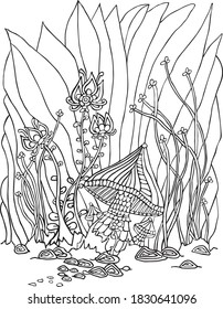 Vector black and white picture for coloring antistress with elements of nature,flowers,mushrooms,stones, grass.Vector illustration for art therapy,coloring,for greeting cards,posters,stickers