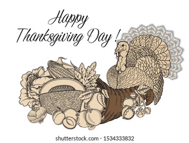 Vector black and white picture illustration cornucopia, vegetables, fruits, turkey. Thanksgiving day October holiday greeting card.Art Horn of plenty  with harvest and food in sketch outline style.
