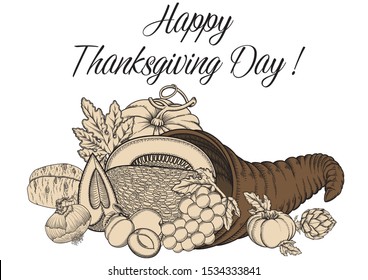 Vector black and white picture illustration cornucopia, vegetables, fruits.Thanksgiving day October holiday greeting card.Art Horn of plenty  with harvest and food in sketch outline style.