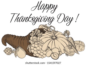 Vector black and white picture illustration cornucopia, vegetables, fruits. Thanksgiving day holiday greeting card. Horn of plenty  with harvest and food in sketch outline style.
