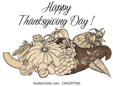 Vector black and white picture illustration cornucopia, vegetables, fruits. Thanksgiving day holiday greeting card. Horn of plenty  with harvest and food in sketch outline style.