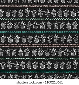 Vector black and white pineapples and tribal stripes seamless pattern backrgound.