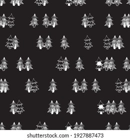 Vector black white pines trees seamless pattern