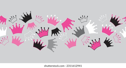 Vector Black White and Pink Crowns Grey Background Horizontal Border seamless pattern background.  Perfect for fabric, scrapbooking, wallpaper projects, and paper products.