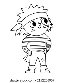 Vector black and white pirate boy icon. Cute line sea captain illustration. Treasure island outline hunter in stripy shirt. Funny pirate party element or coloring page for kids
