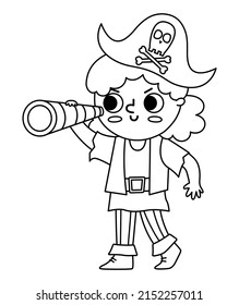 Vector black and white pirate girl icon. Cute female sea captain line illustration. Treasure island outline hunter with cocked hat and spyglass. Funny pirate party element or coloring page for kids
