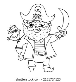 Vector black and white pirate icon. Cute line sea captain illustration. Treasure island hunter with beard, parrot, sward, cocked hat. Funny outline pirate party element or coloring page for kids

