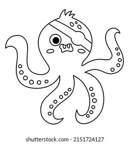 Icono vector de pulpo pirata blanco y negro. Ilustración de animales de la línea dividida. Treasure Island hunter con parche en los ojos. Gracioso contorno de elemento de fiesta pirata para los niños. Imagen de Devilfish, página de color
