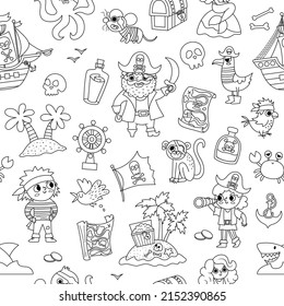 Vector black and white pirate seamless pattern. Cute line sea adventures repeat background. Treasure island digital paper with ship, captain, sailors, chest, map, parrot. Pirate party coloring page
