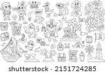 Vector black and white pirate set. Cute line sea adventures icons collection. Treasure island illustrations with ship, captain, sailors, chest, map, parrot, monkey. Pirate party coloring page