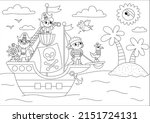 Vector black and white pirate ship scene. Line raider vessel with pirates sailing to the treasure island with palm trees. Treasure hunt illustration with sea, sun, shore. Sea landscape, coloring page
