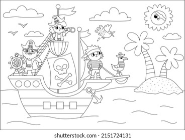 Vector black and white pirate ship scene. Line raider vessel with pirates sailing to the treasure island with palm trees. Treasure hunt illustration with sea, sun, shore. Sea landscape, coloring page
