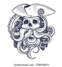 Vector Black and White Pirate Skull Tentacle Illustration