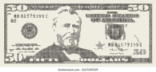 Vector black and white pixel banknote with halftone effect, denomination of 50 US dollars. Mosaic, many dots. Abstract American money. Monochrome obverse of note.