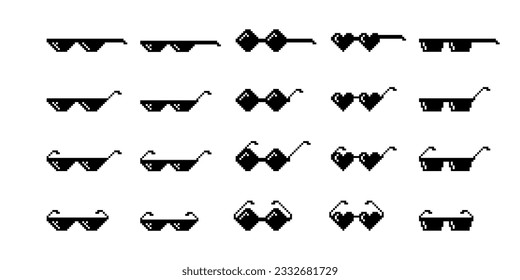 Vector Black and White Pixel Boss Glasses Icon Set in 8 bit Retro Style. Summer Meme Game Thug Design, Mafia Gangster Funky Sunglasses. Rap Music Design Element