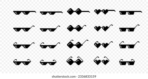 Vektor Black and White Pixel Boss Gläser Icon Set in 8 Bit Retro Stil. Summer Meme Game Thug Design, Mafia Gangster Funky Sonnenbrillen. Rap Music Design Element