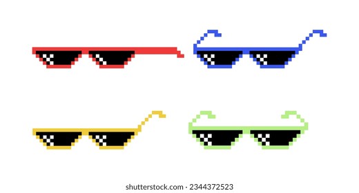 Vektor Black and White Pixel Boss Gläser Icon Set in 8 Bit Retro Stil. Summer Meme Game Thug Design, Mafia Gangster Funky Sonnenbrillen. Rap Music Design Element