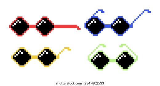 Vektor Black and White Pixel Boss Gläser Icon Set in 8 Bit Retro Stil. Summer Meme Game Thug Design, Mafia Gangster Funky Sonnenbrillen. Rap Music Design Element