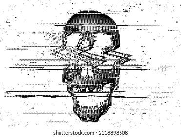 Vector black and white pixel halftone glitched digital TV signal screaming skull.