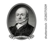 Vector black and white pixel mosaic portrait of John Quincy Adams. Sixth President of the United States of America. Engraving.