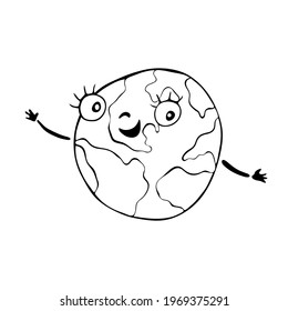 Vector black and white planet Earth, isolated hand-drawn, free hand, ink, sketch, doodle. The earth smiles with eyes, mouth and hands. Childrens fun cartoon character, flat simple print, Earth Day. 